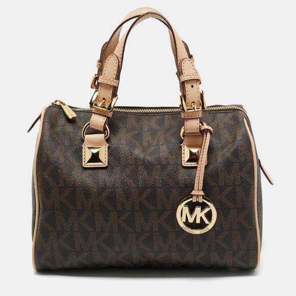 Michael Kors Brown/beige Signature Coated Canvas And Leather Grayson Boston Bag